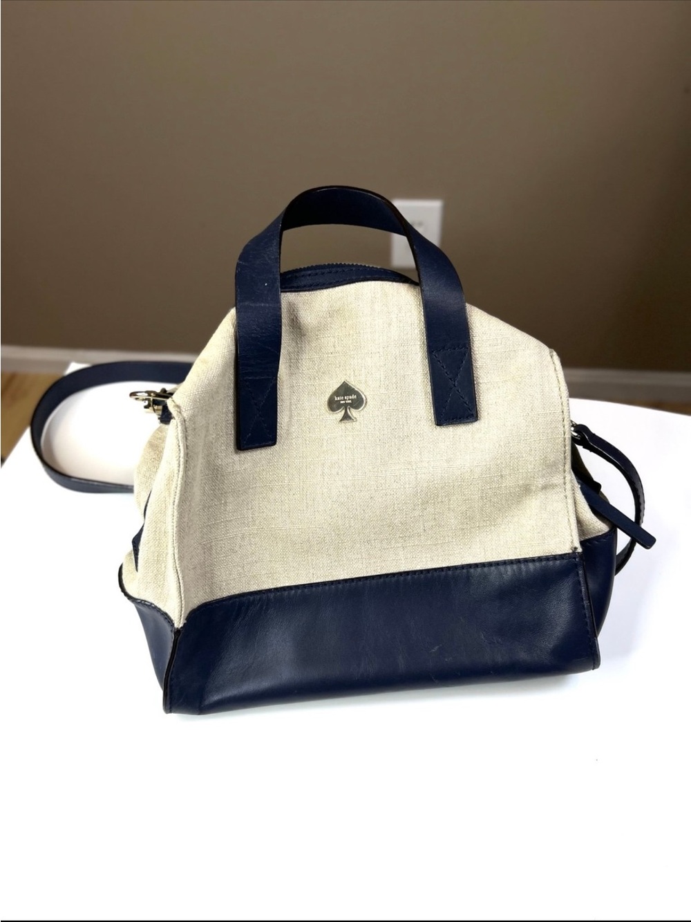 kate spade Cream and Navy Canvas Satchel with Leather Trim